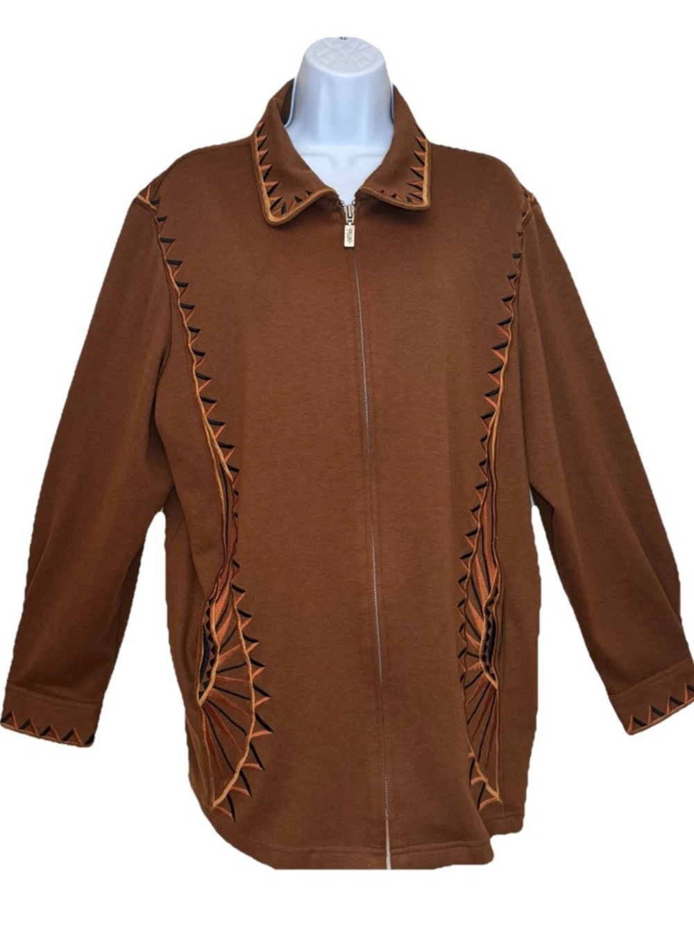 Bob Mackie Jacket 1X Brown Southwest Sunburst Embroidered Zip Front Western Art - Picture 3 of 10